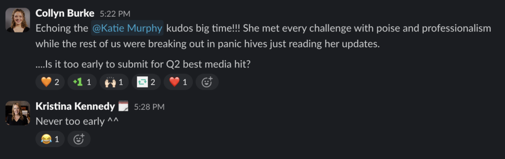 Screenshot of a "kudos" message captured from the Kickstand Slack channel 